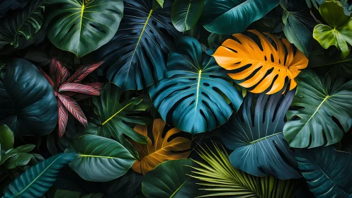 Tropical foliage mosaic with teal, gold and crimson leaves.