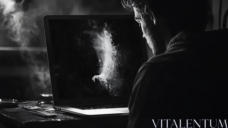 Man stares at spectral face emerging from laptop screen.