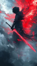 Digital painting of lone swordsman in apocalyptic red mist.