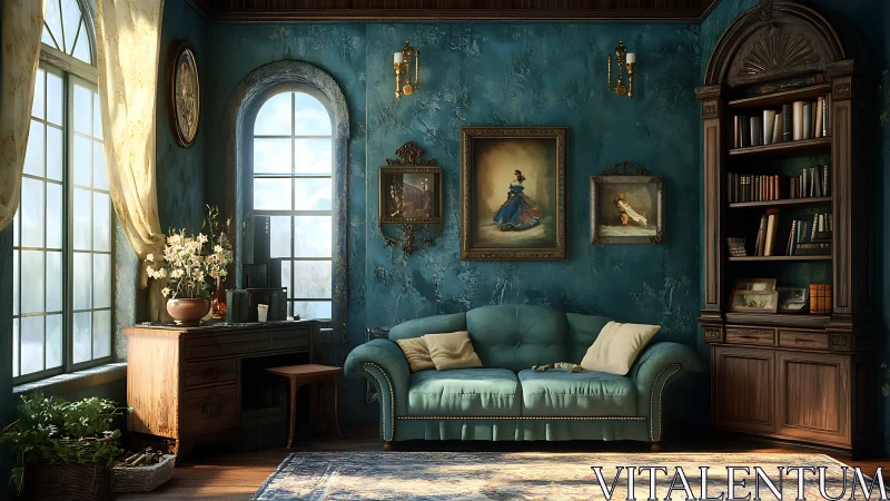 Vintage living room interior shows teal walls and sofa