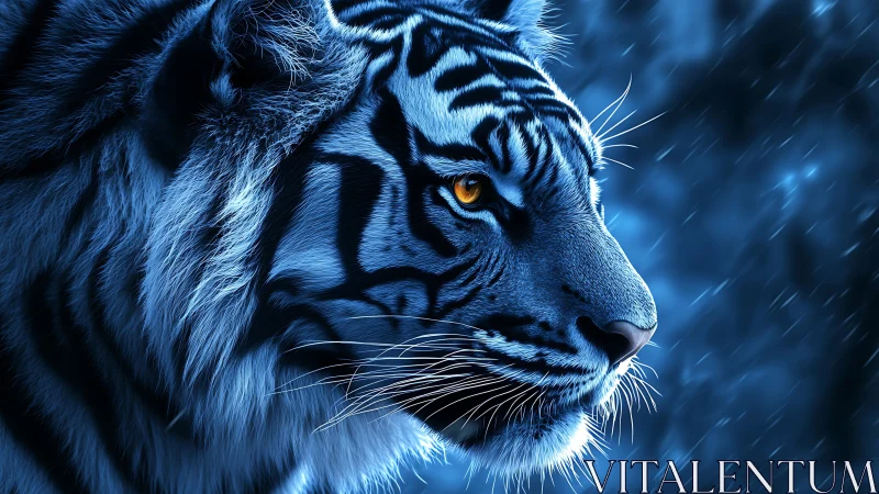 Electric midnight tiger gazes through stormlit neon rain.