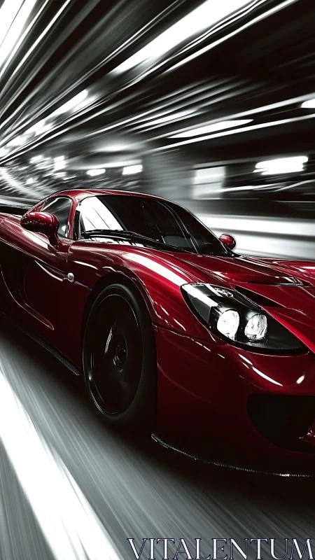 Red sports car moves through motion-blurred tunnel environment