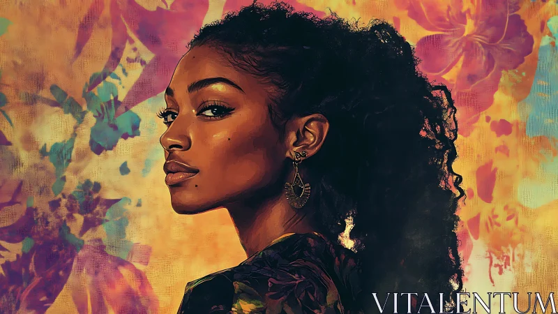 Profile portrait of woman against floral abstract backdrop.