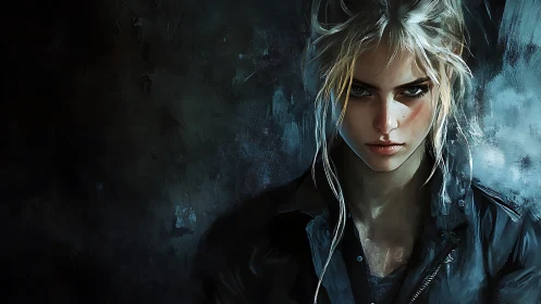 Controlled chiaroscuro portrait of intense blonde woman in leathers