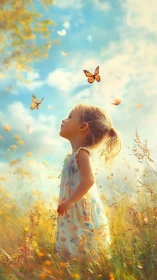 Digital painting of child in meadow with butterflies, backlit profile.