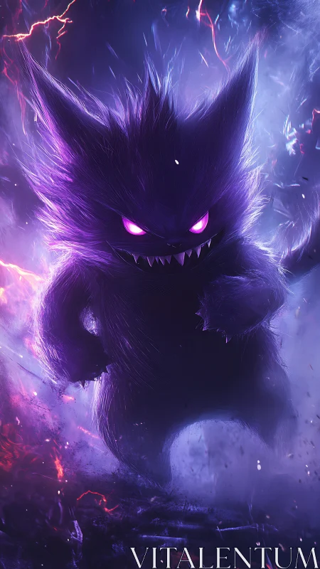 Electric purple spirit strides through stormy glowing night