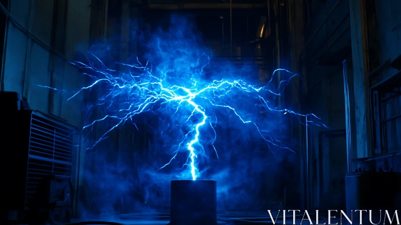 Electric blue storm dancing inside a quiet factory hall.