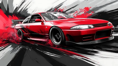 Red sports coupe drifting with abstract red and black streaks.