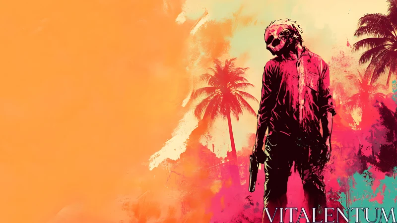 Masked gunman stalks neon-soaked tropical street at dusk