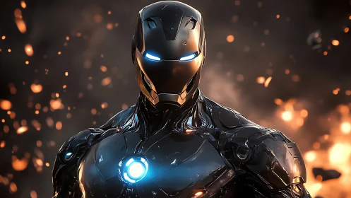 Armored sci fi hero in glossy exosuit amid sparks.