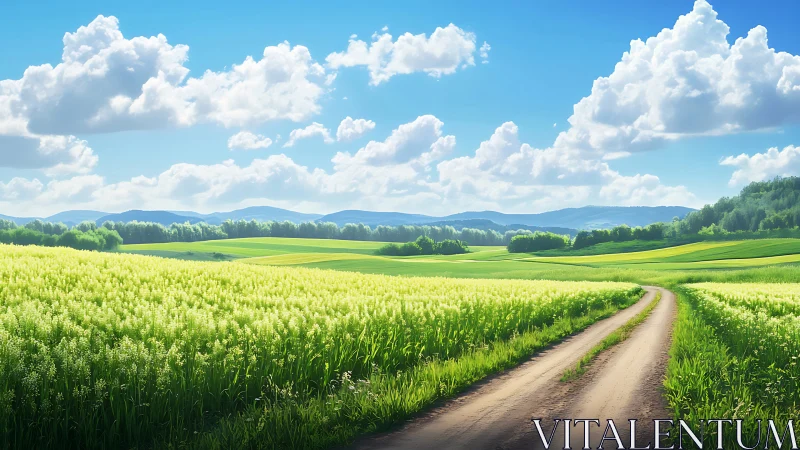 Curving rural dirt road leads through sunlit flowering fields