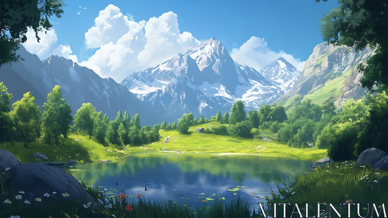 Snowcapped mountain valley over reflective forest lake.