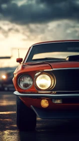 Vintage orange muscle car displays lit headlight at dusk