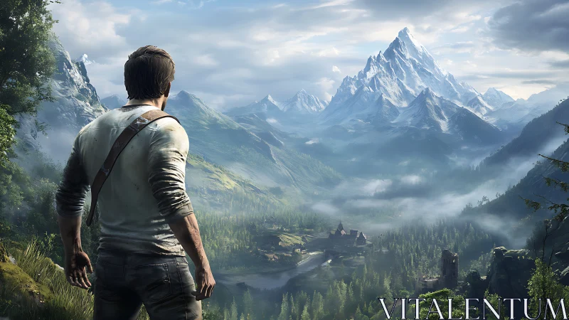Third person explorer overlooking misty alpine valley vista