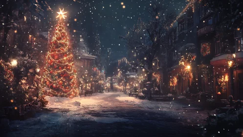 Snowy evening street with illuminated Christmas tree and décor