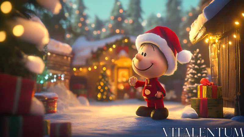 Cartoon child in red Santa outfit in snowy village street.