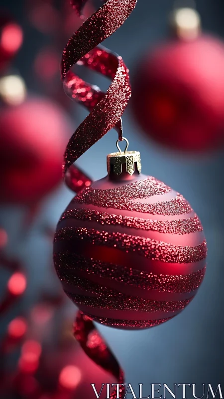 Sparkling red Christmas ornament wrapped in festive ribbon.