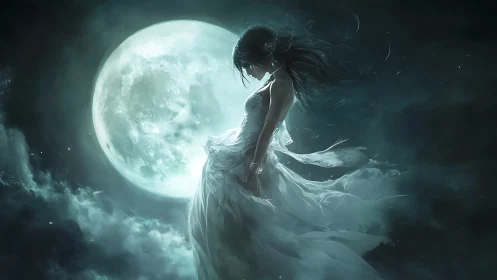 Backlit lunar silhouette of ethereal woman in turbulent nocturnal mist