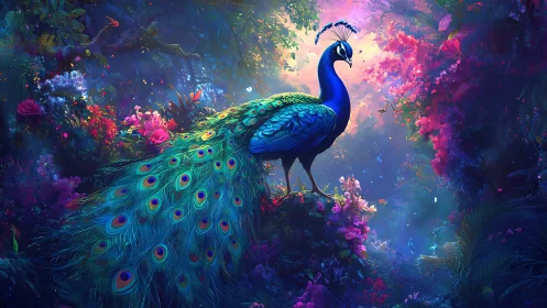 Peacock stands on foliage amid dense, multicolored flora