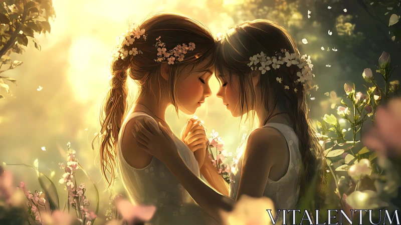 Two female figures positioned face-to-face in flowering garden setting.