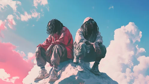 Sky-high duo pause together in dreamy pastel clouds