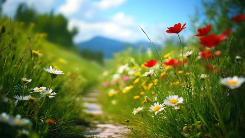 Sunny wildflower path inviting slow, peaceful wandering.