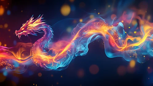 Luminous fire dragon coils through swirling neon smoke.