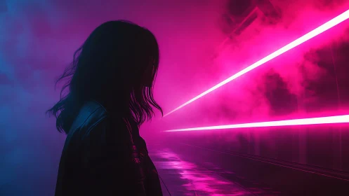 Neon tunnel loner bathed in electric magenta haze glow.