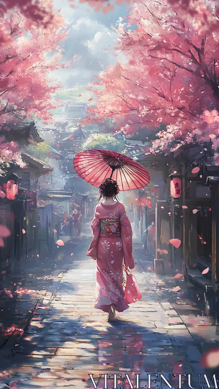 Kimono-clad woman under sakura canopy in misty Edo street