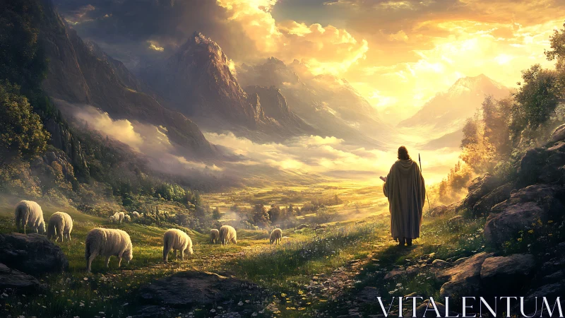 Shepherd silhouette surveying volumetric-lit alpine valley panorama.