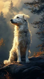 Golden-furred dog poised on misty forest overlook.