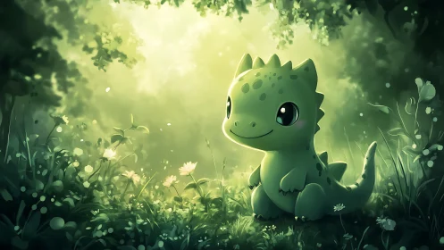 Cartoon dinosaur sits in soft green forest light clearing
