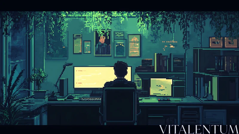 Pixelated nocturnal workstation merges code, screens, and foliage