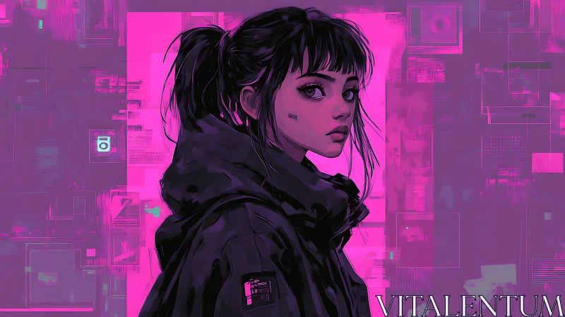 Cyberpunk portrait of young woman in dark jacket.