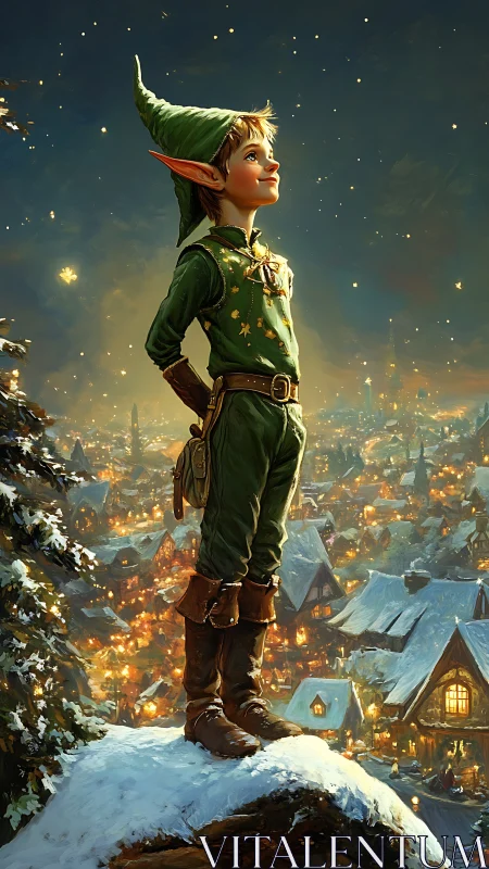 Hopeful winter elf gazes proudly over a glowing village