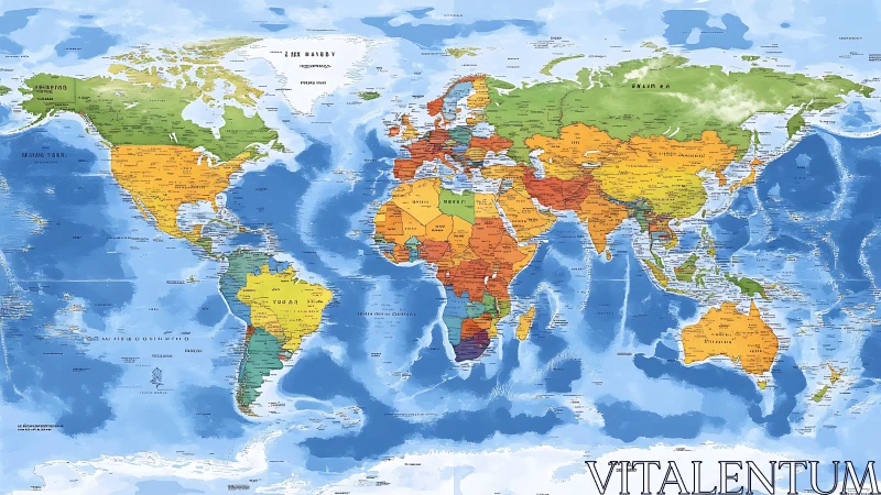 Color coded political world map with shaded ocean bathymetry.
