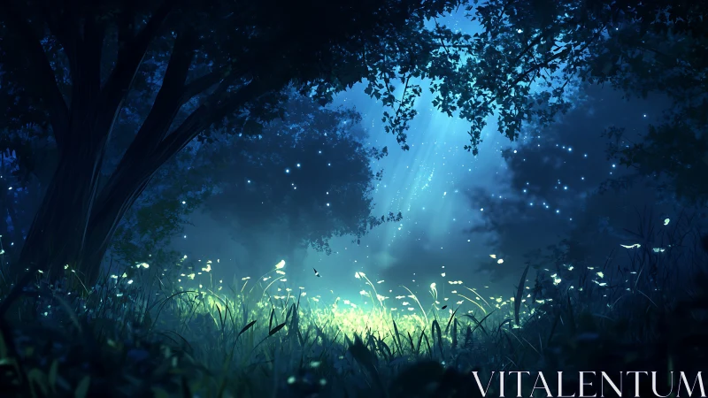 Bioluminescent Forest Clearing at Night.