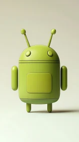 Green robot mascot figure on neutral studio background.