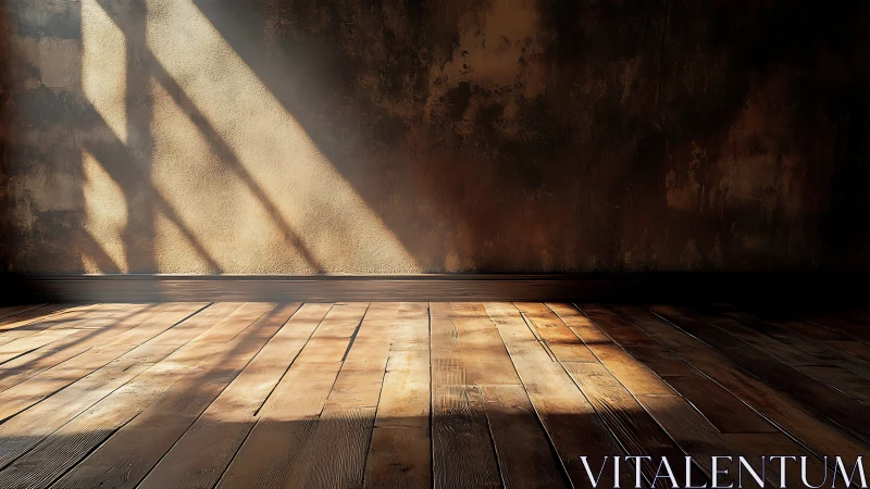 Sunlit rustic wooden floor with textured brown wall.