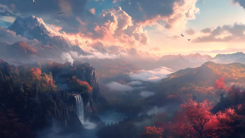 Vast autumn mountain valley with waterfall and soft clouds.