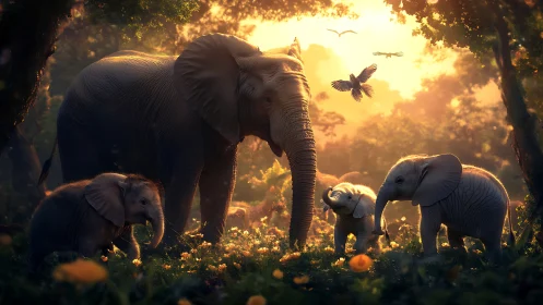 Elephant family basks in golden forest sunrise glow.