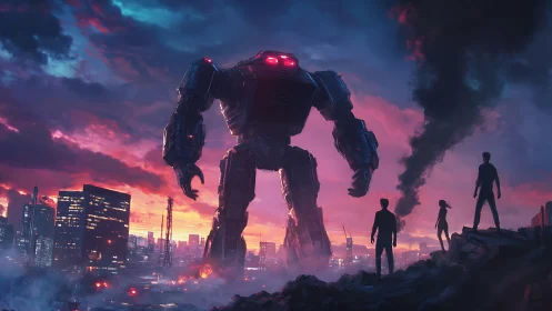 Cinematic digital painting of colossal mech over burning cityscape.