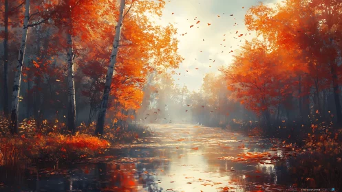 Sunlit autumn river reflects glowing crimson forest