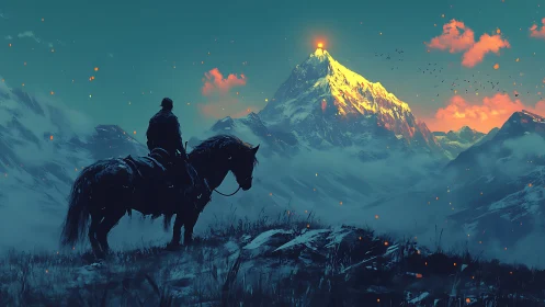 Lone rider halts before a burning crowned mountain dreamscape.
