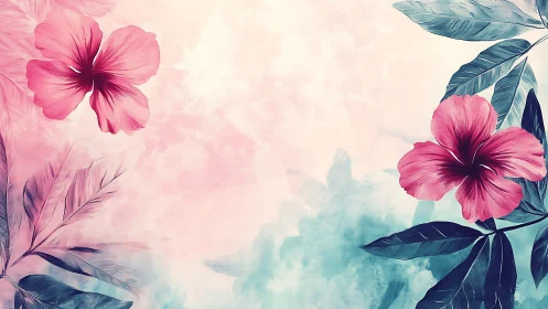 Pink Hibiscus Blooms Dance Through Watercolor Mist