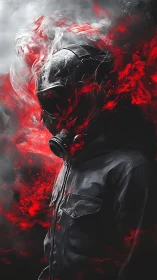 Hooded figure in gas mask engulfed by red digital flames