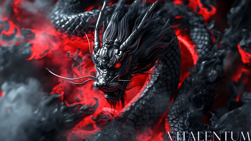 Fierce shadow dragon swirling through glowing crimson smoke.