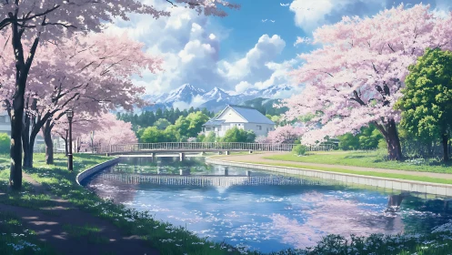 Serene cherry blossom riverside park under clear spring sky