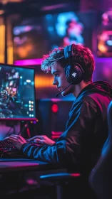 Focused gamer wearing headset plays at RGB-lit desktop