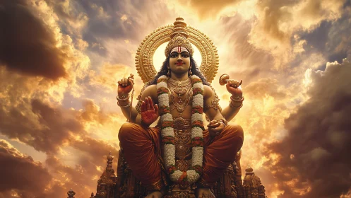 Seated Hindu deity statue before dramatic illuminated sky.